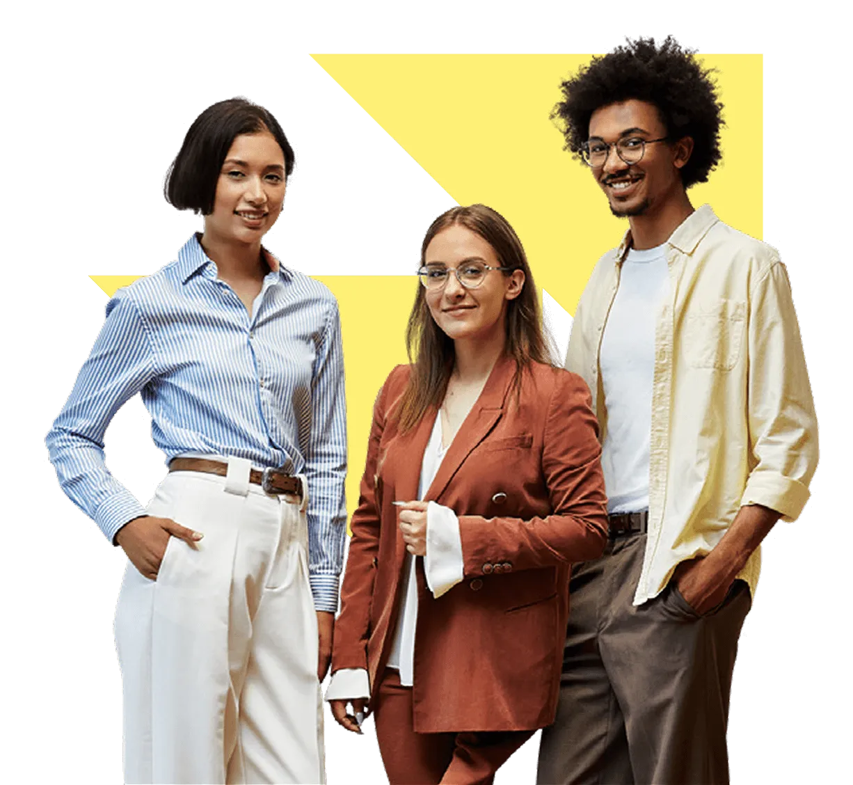 Three young adults smiling, one in white trousers and striped shirt, one in rust-colored suit, and one in beige shirt and gray pants.