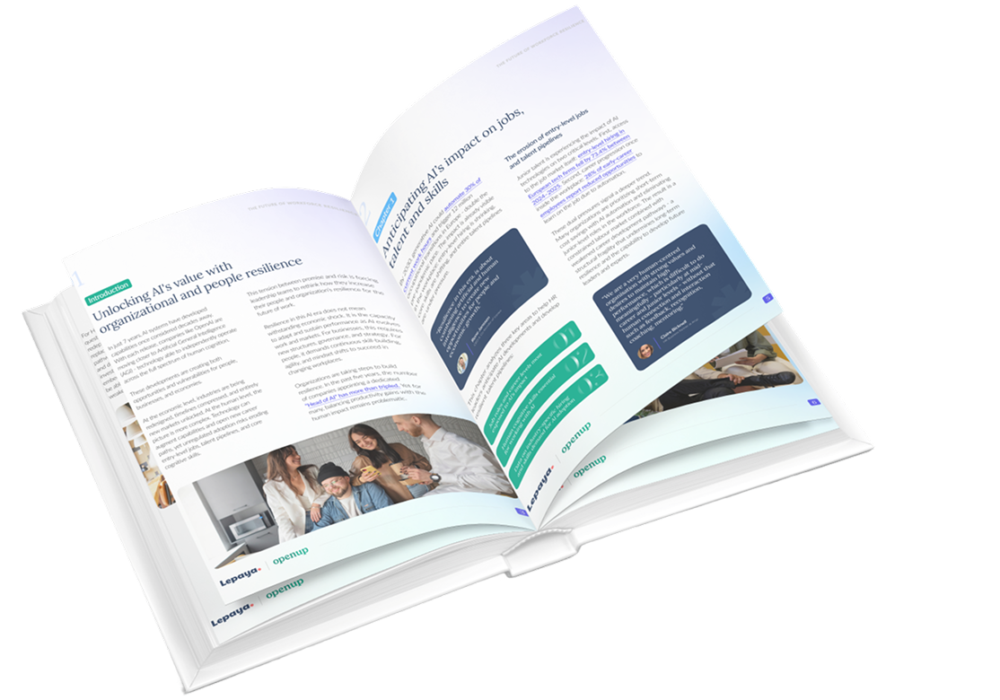 Open book displaying pages with text about AI's impact on jobs and organizational resilience, including a photo of smiling people at the bottom.