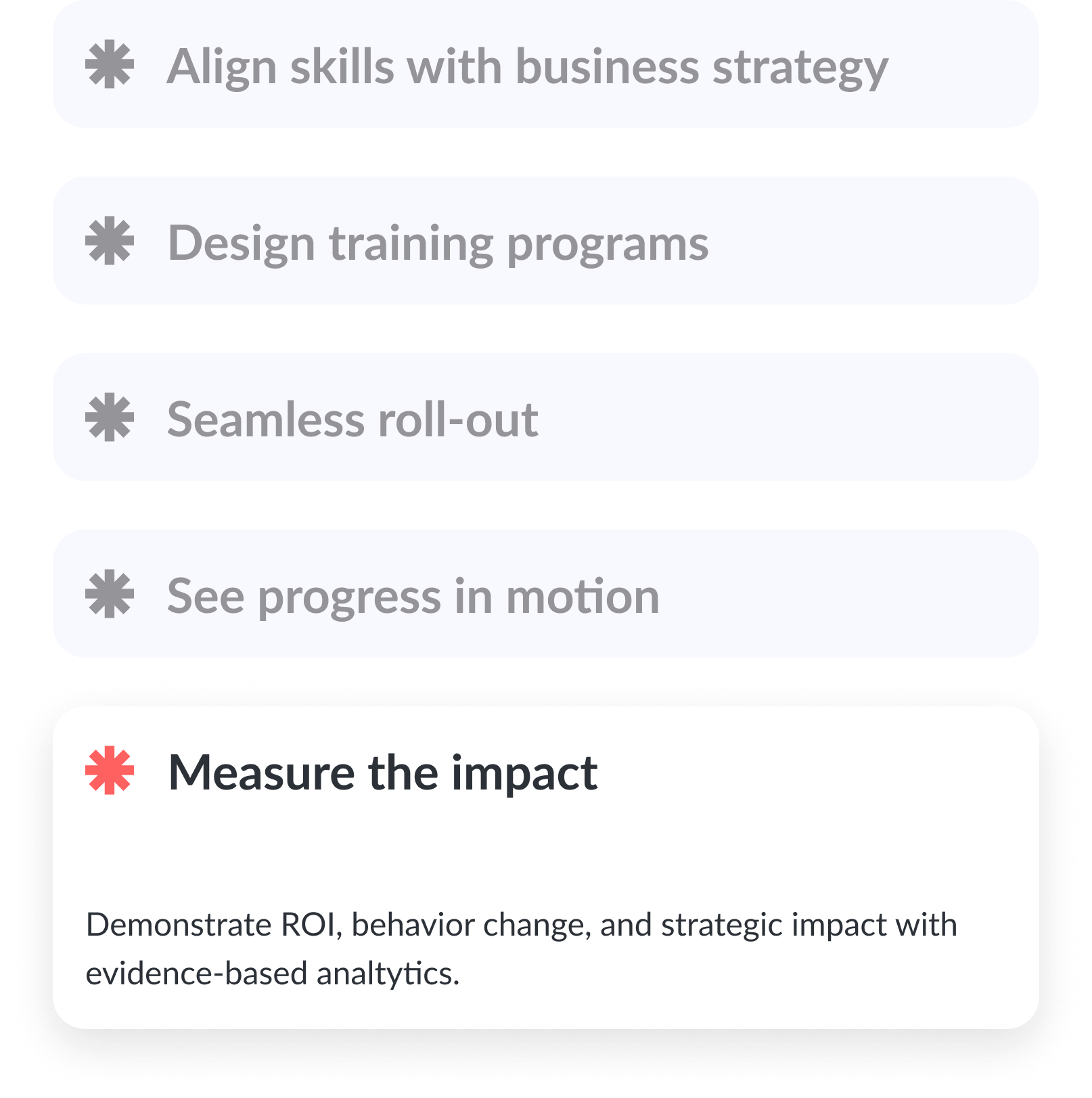 List of business strategy steps: Align skills with business strategy, Design training programs, Seamless roll-out, See progress in motion, and Measure the impact with ROI and evidence-based analytics.