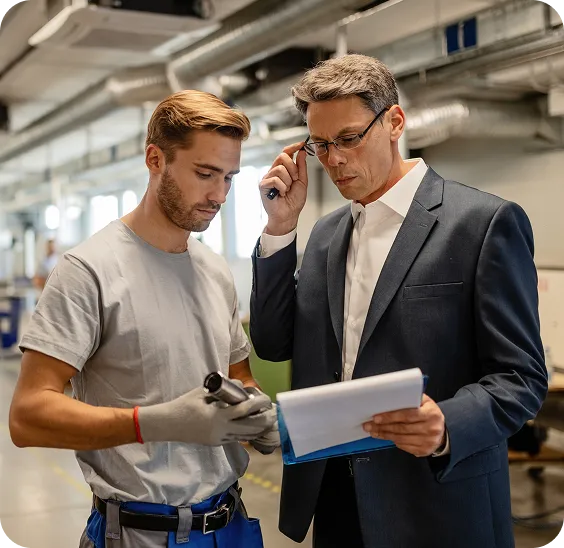 A worker in casual workwear holds a cylindrical part while a man in a suit reviews notes on a clipboard in an industrial setting.