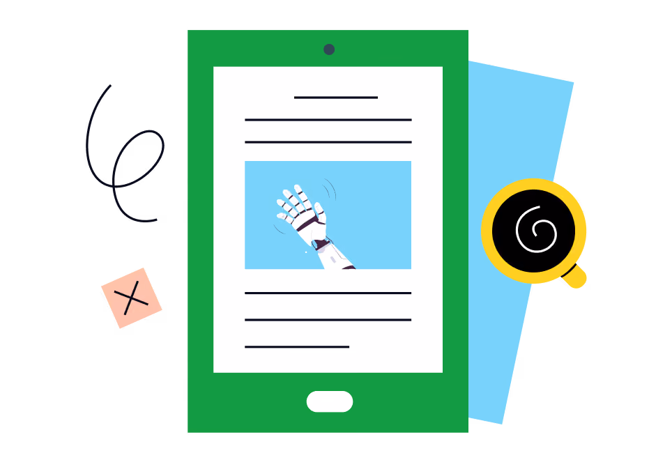 Illustration. An iPad displaying a news article with a robotic hand
