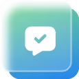 Three overlapping rounded squares in green to blue gradient with a white chat bubble and checkmark icon.