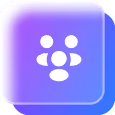 White abstract icon of six people grouped on a purple and blue rounded square background.
