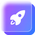White rocket icon on a purple gradient square with rounded corners and shadow.