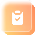 White clipboard with checkmark icon on orange square background with rounded corners.