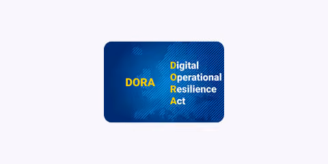 Blue card with yellow text DORA and acronym Digital Operational Resilience Act.