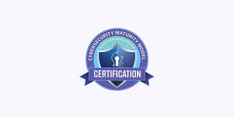 Cybersecurity Maturity Model certification badge with shield and network design elements.