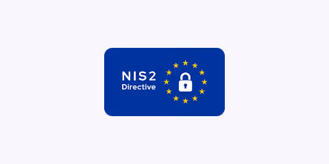 Blue rectangle with text 'NIS2 Directive' and a lock icon surrounded by 12 yellow stars.