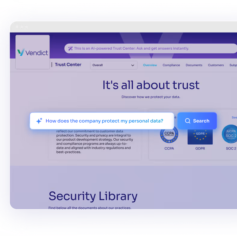 Vendict Trust Center webpage showing search bar with question 'How does the company protect my personal data?' and a blue Search button.