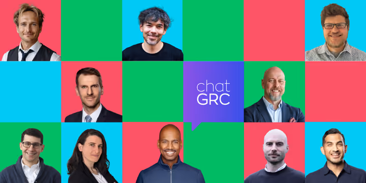 Grid of diverse men and women headshots with colorful green, red, blue blocks and a chat GRC logo in center.