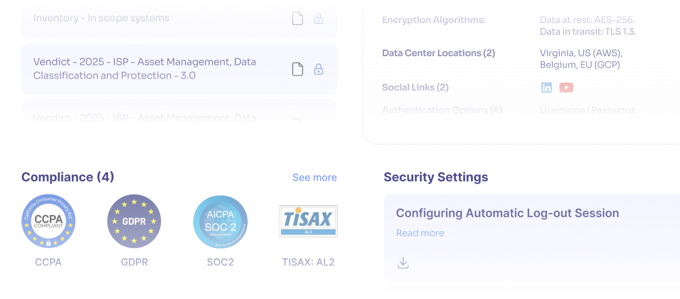 Dashboard showing four compliance certifications: CCPA, GDPR, SOC2, and TISAX AL2, each represented by their respective logos.