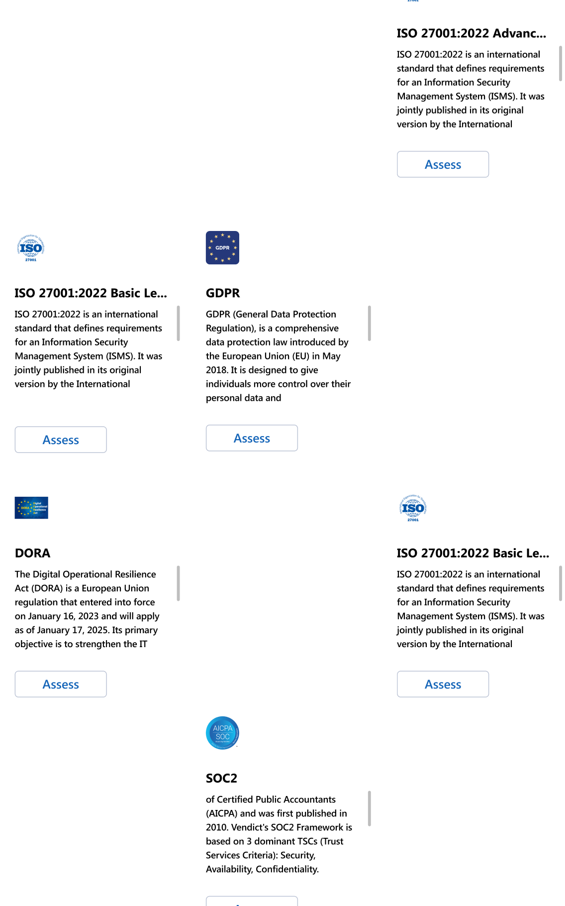 Five white cards displaying key regulatory standards: ISO 27001:2022, GDPR, DORA, another ISO 27001:2022, and SOC2, each with respective logos and brief descriptions, plus a blue Assess button.
