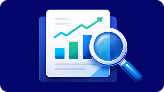 Document with charts and upward arrow, magnified by a blue magnifying glass.