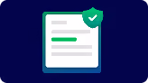 Document icon with green checkmark indicating approved or verified status on dark blue background.