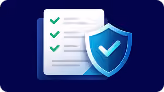 Document with green checkmarks and shield icon with checkmark in front on dark blue background.