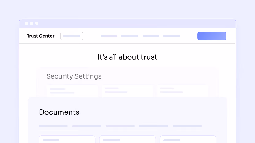 User interface of a Trust Center webpage showing sections titled 'Security Settings' and 'Documents' against a light purple background.