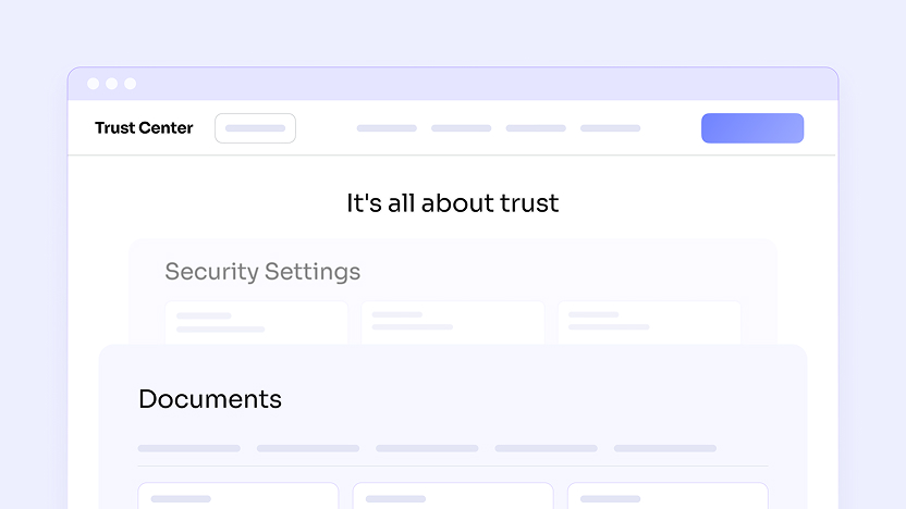User interface of a Trust Center webpage showing sections titled 'Security Settings' and 'Documents' against a light purple background.