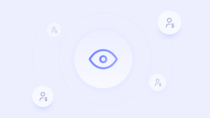 Central eye icon surrounded by four user icons with dollar signs, all arranged in circular orbits on a light blue background.