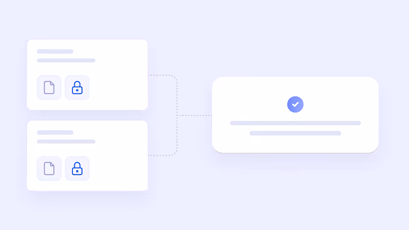 Diagram with two white rounded rectangles on the left containing file and lock icons connected by dotted lines to a larger rectangle on the right with a blue checkmark icon above two lines of text.