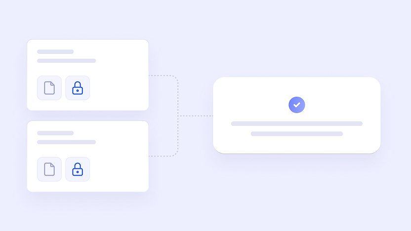 Diagram with two white rounded rectangles on the left containing file and lock icons connected by dotted lines to a larger rectangle on the right with a blue checkmark icon above two lines of text.