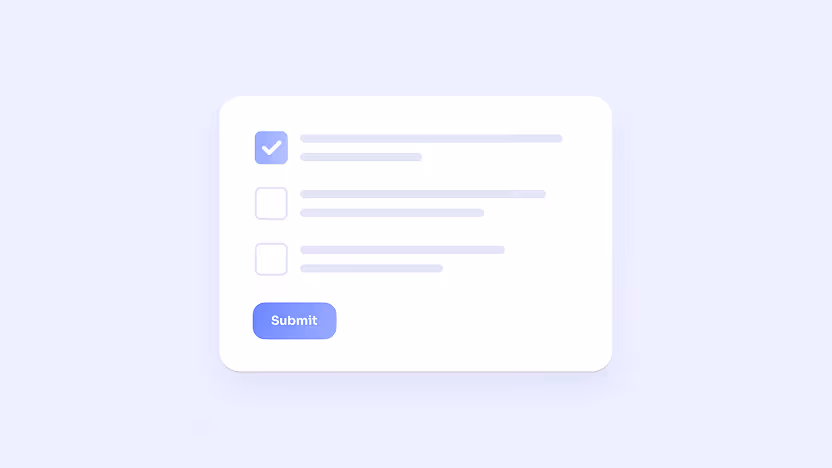 A stylized checklist form with three checkboxes, the first one checked, and a blue submit button below.