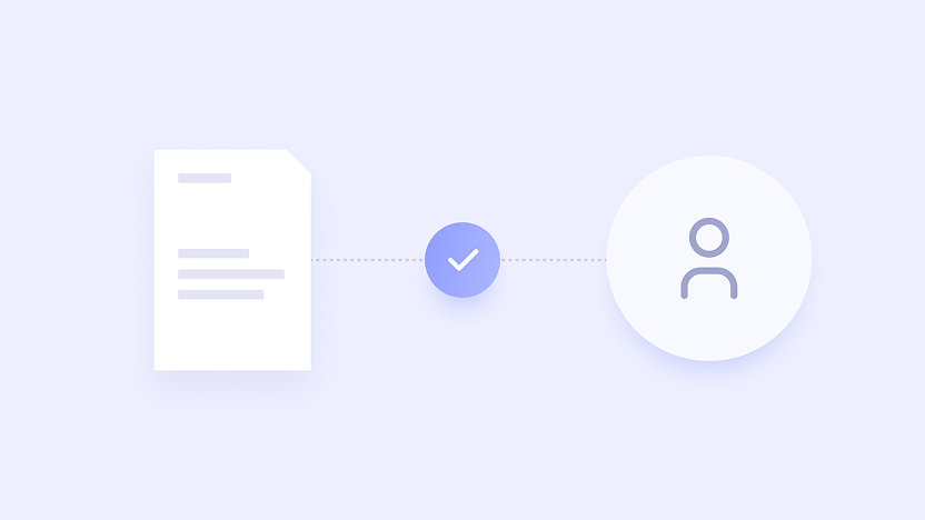 Illustration showing a document icon connected by a dotted line to a checkmark inside a circle, which is further connected to a user profile icon.