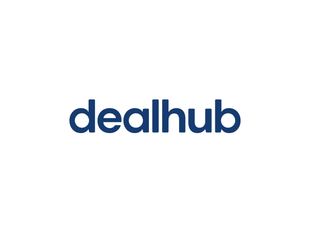 dealhub logo in dark blue lowercase letters on a white background.