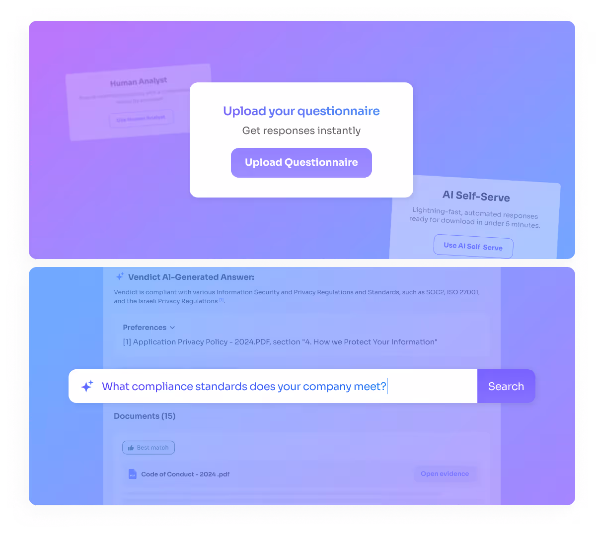 Interface showing an option to upload a questionnaire for instant responses and a search bar with the query 'What compliance standards does your company meet?'