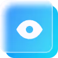 White eye icon on a blue gradient rounded square background with a shadowed layered effect.