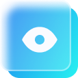 White eye icon on a blue gradient rounded square background with a shadowed layered effect.