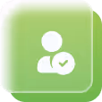 White user profile icon with a checkmark on a green rounded square background.