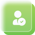 White user profile icon with a checkmark on a green rounded square background.