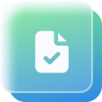 White document icon with a checkmark on a blue to green gradient rounded square background.