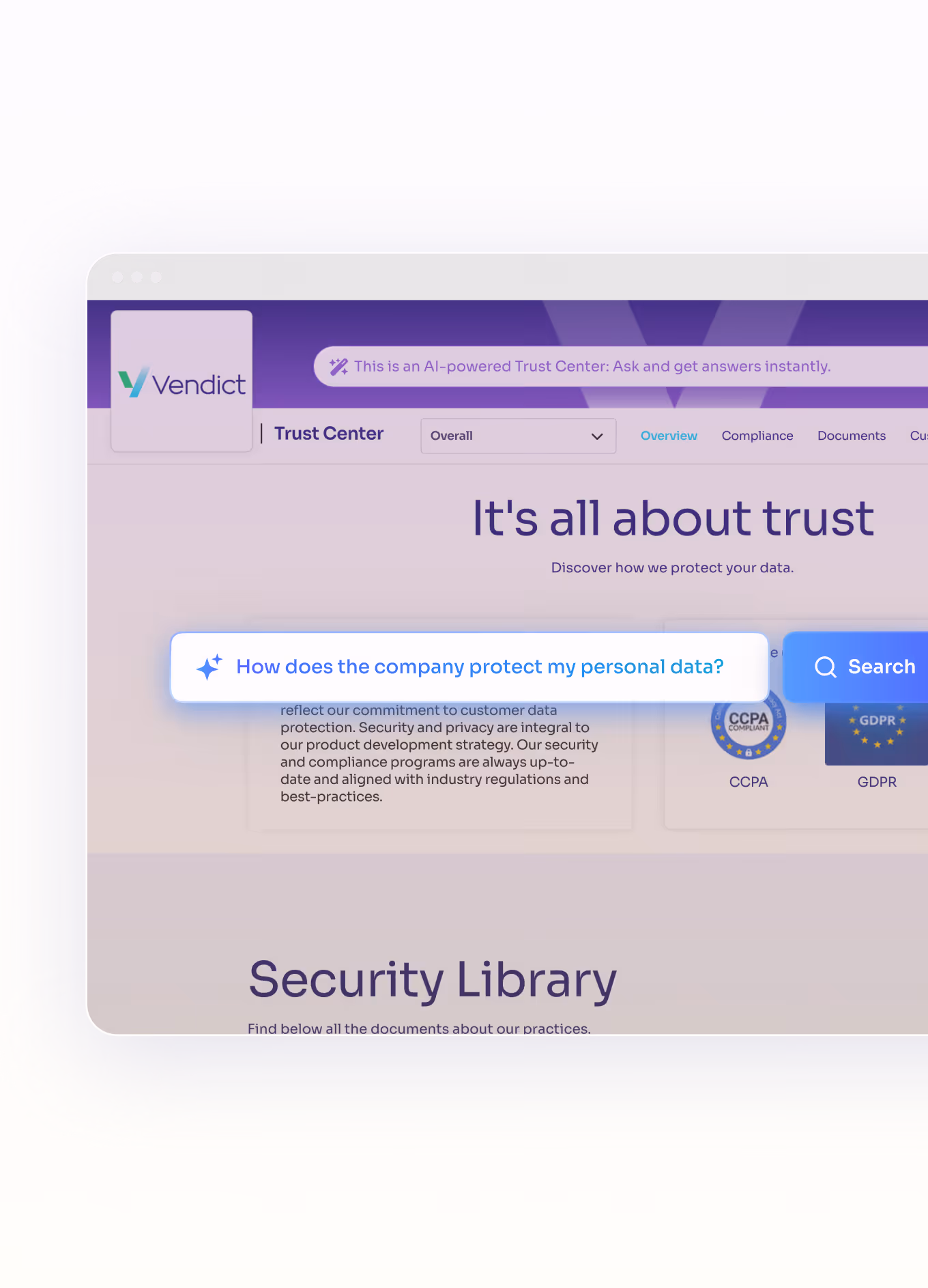 Dashboard showing total questions 207, AI-filled answers 204, and not answered 3, with a sample answered question and mentor score of 88 including contributor, approver, and reviewers with statuses done, pending, and error.