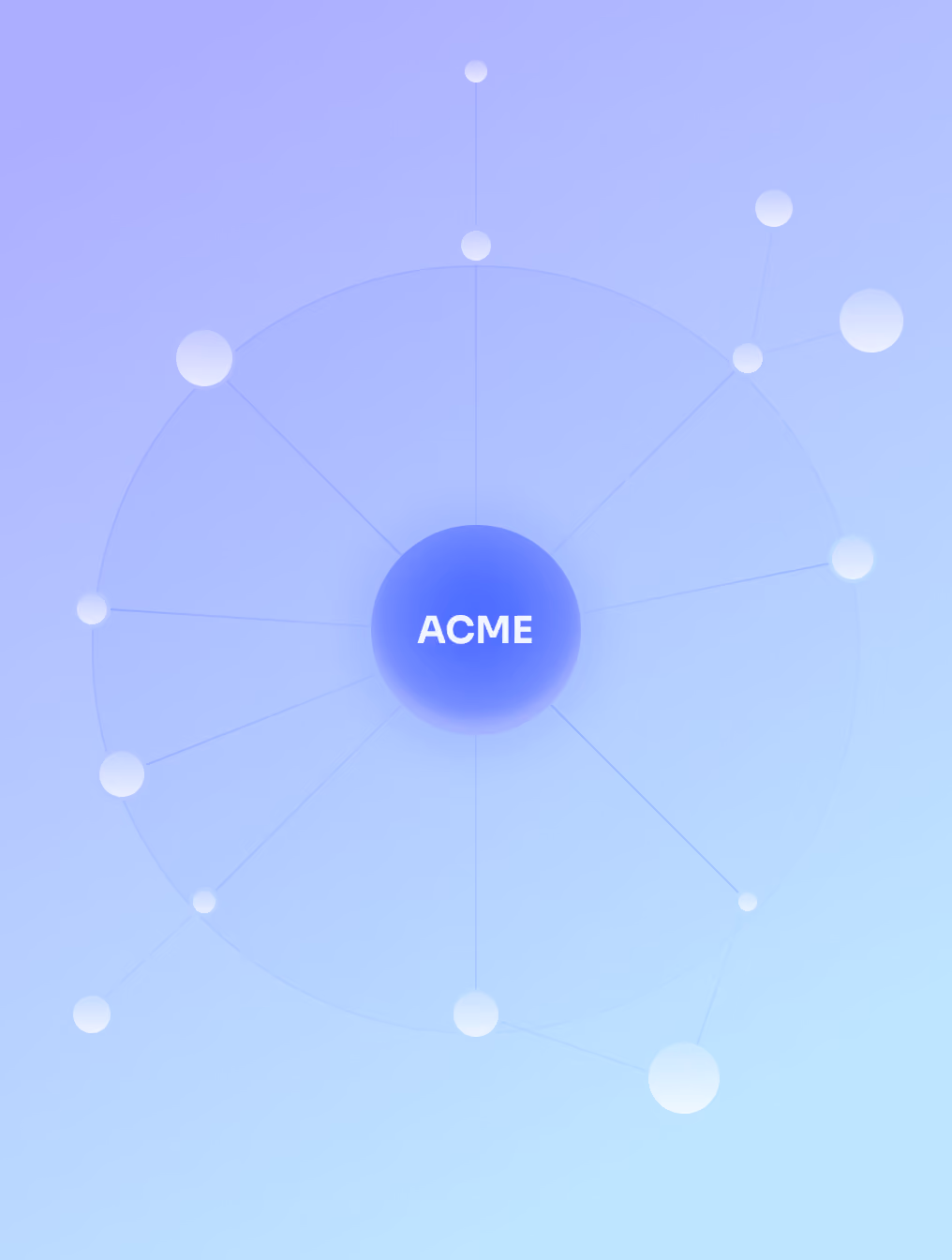 Blue gradient network diagram with ACME in center connected to various smaller nodes.