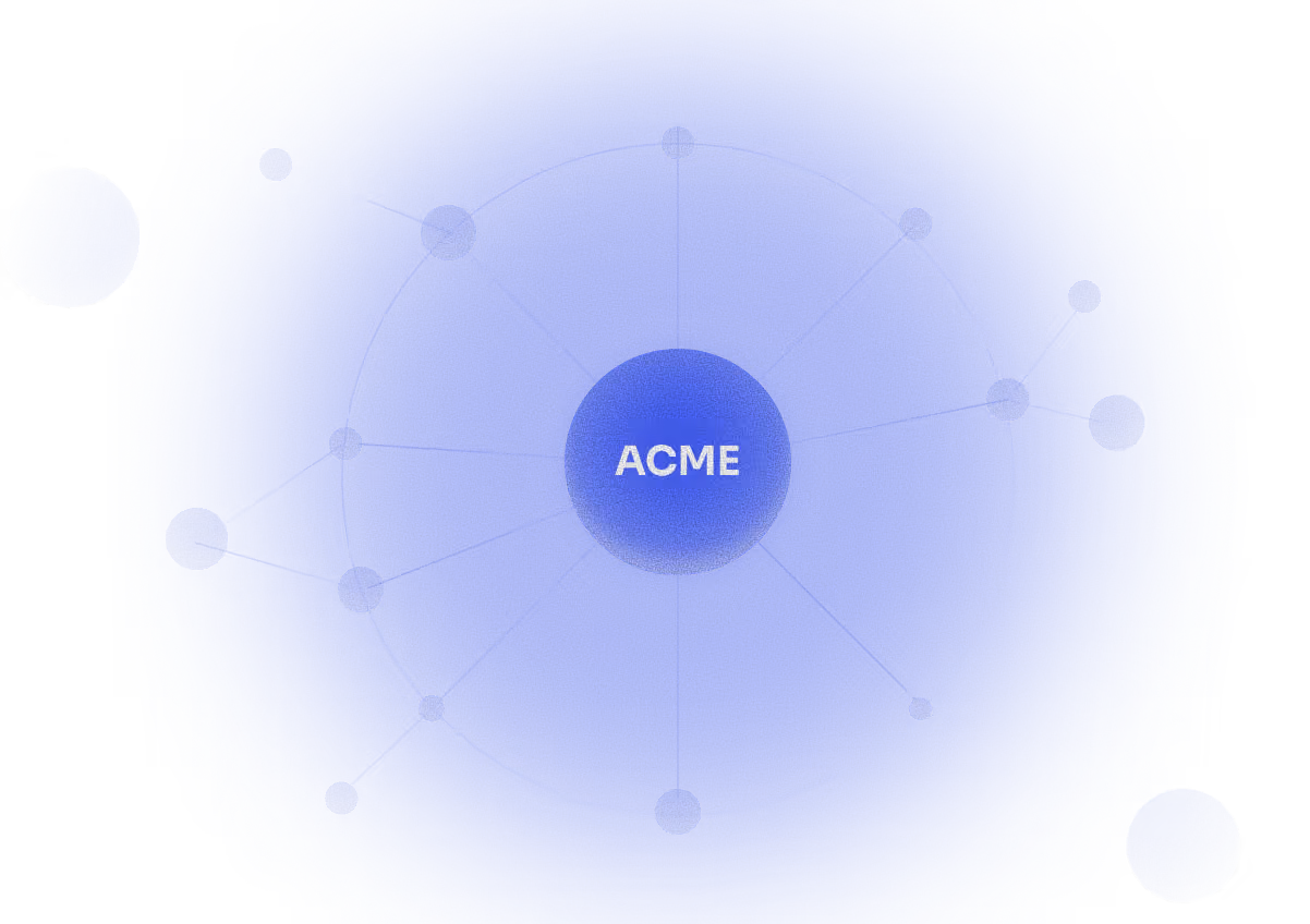 Blue circular network diagram with central circle labeled ACME connected to smaller surrounding circles.
