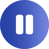 White pause icon with two vertical bars inside a blue circular button.