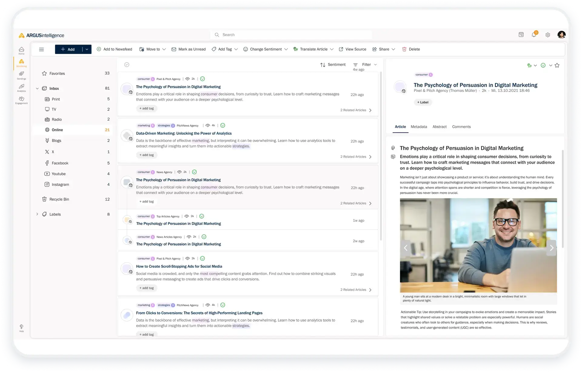 Media monitoring screenshot ARGUSintelligence
