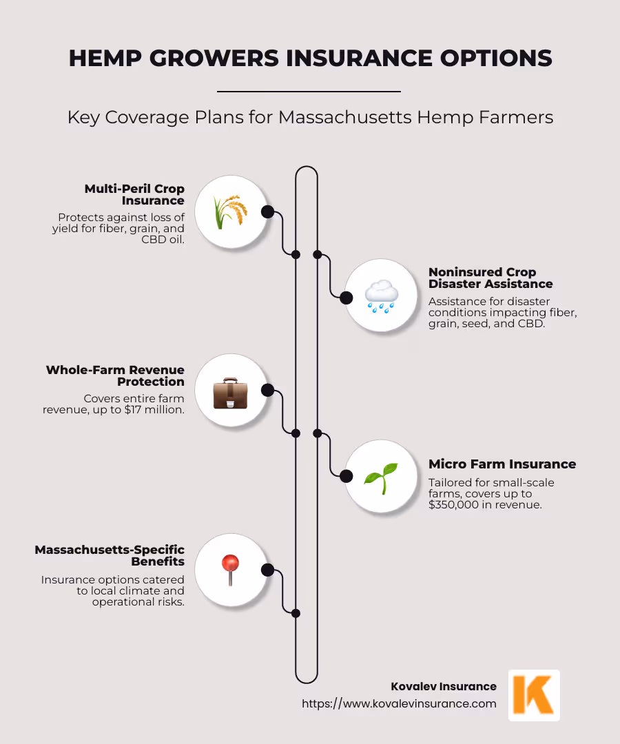Hemp growers insurance options infographic - highlighting Multi-Peril Crop Insurance, Whole-Farm Revenue Protection, and Massachusetts-specific benefits - hemp growers insurance infographic infographic-line-5-steps-neat_beige