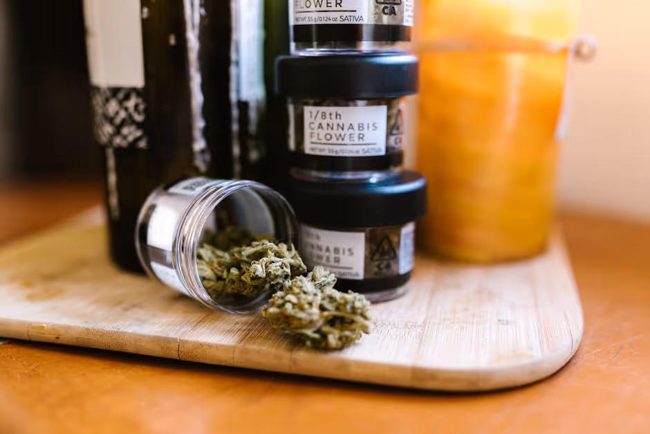 cannabis flower buds in vials on a desk - how much cannabis insurance is needed for a dispensary concept