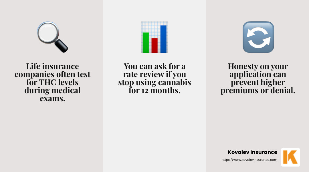 Life insurance companies may test for THC levels in medical exams, so be honest about your cannabis use. - life insurance cannabis infographic 3_facts_emoji_grey