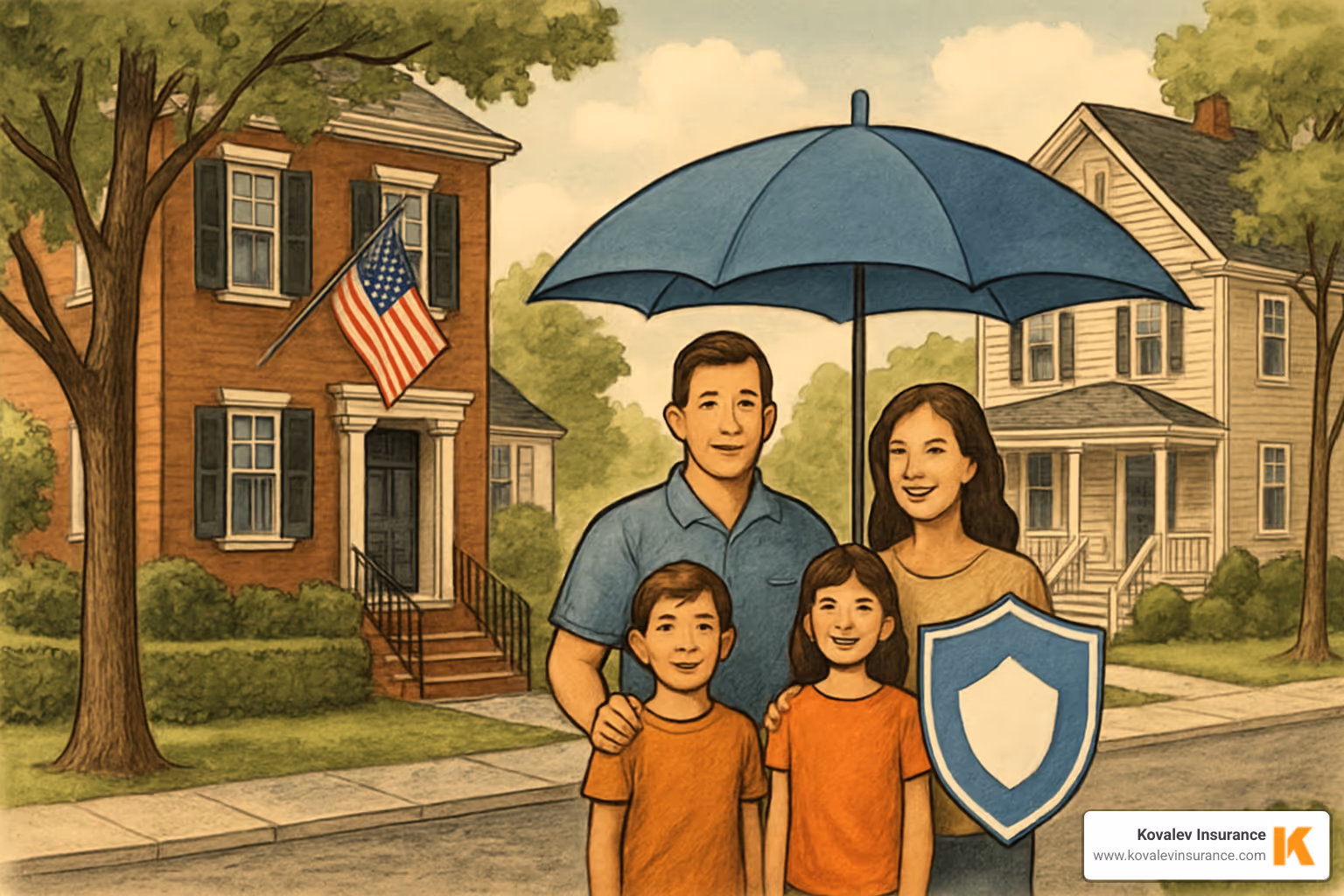 illustration of family in front of home - homeowners insurance boston - homeowners insurance boston concept