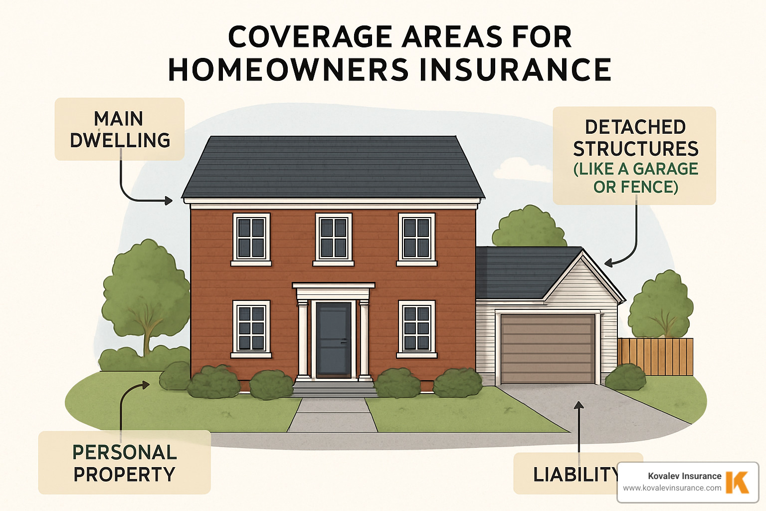 Boston home showing various coverage areas including dwelling, other structures, personal property, and liability zones - homeowners insurance boston