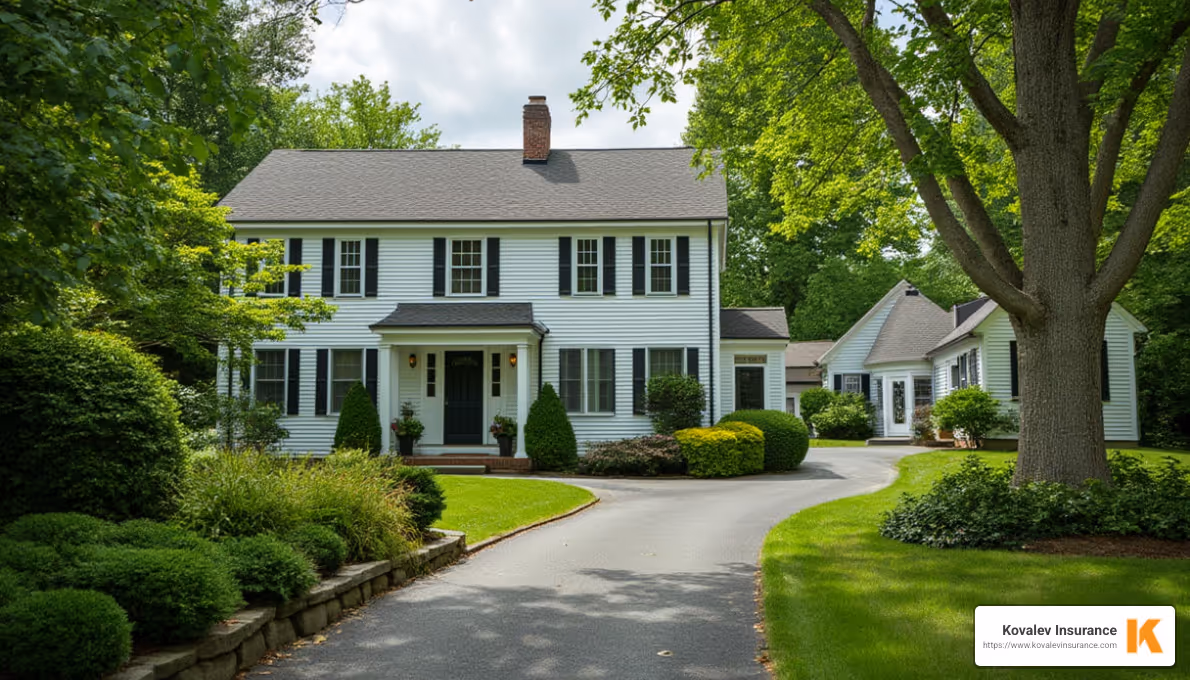 nice suburban home on tree lined street in massachusetts - home insurance companies in massachusetts concept