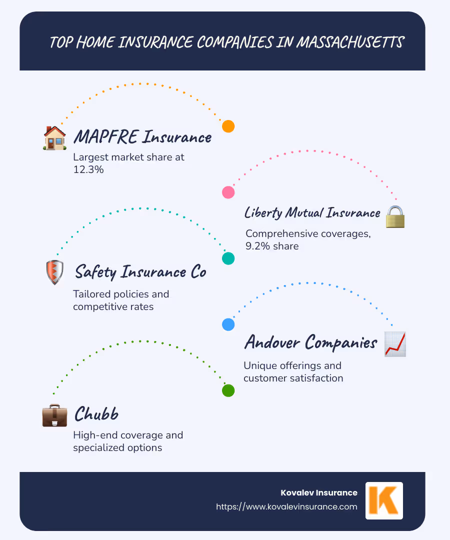 Breakdown of top home insurance companies in Massachusetts - Home insurance companies Massachusetts infographic infographic-line-5-steps-blues-accent_colors