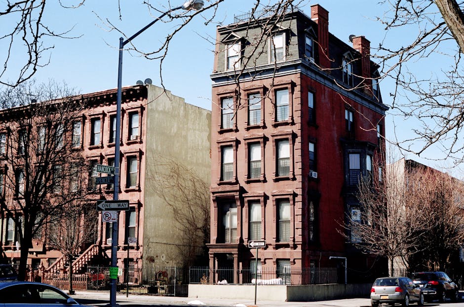 Brownstone buildings on urban street with bare trees and parked cars
