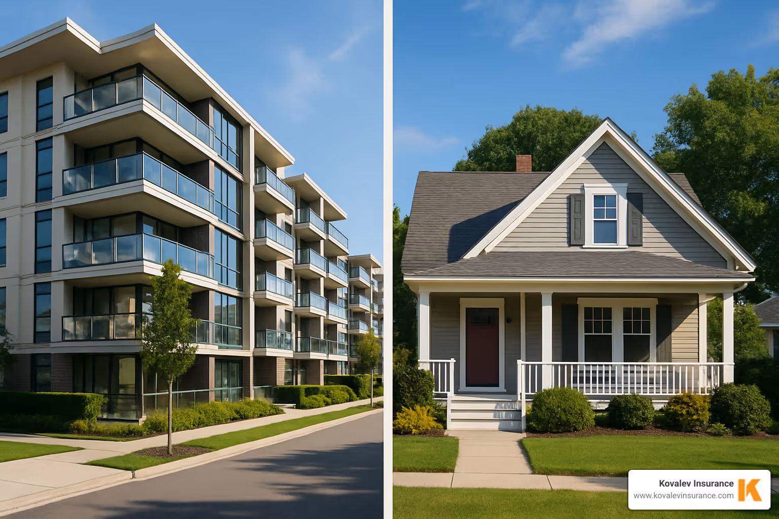 Comparison of modern apartment complex and traditional single-family home