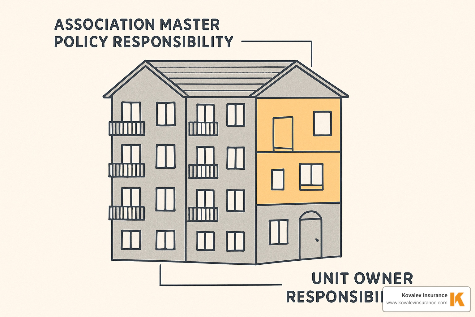 condo master policy coverage diagram showing building exterior vs unit interior responsibilities - condo insurance vs homeowners insurance cost