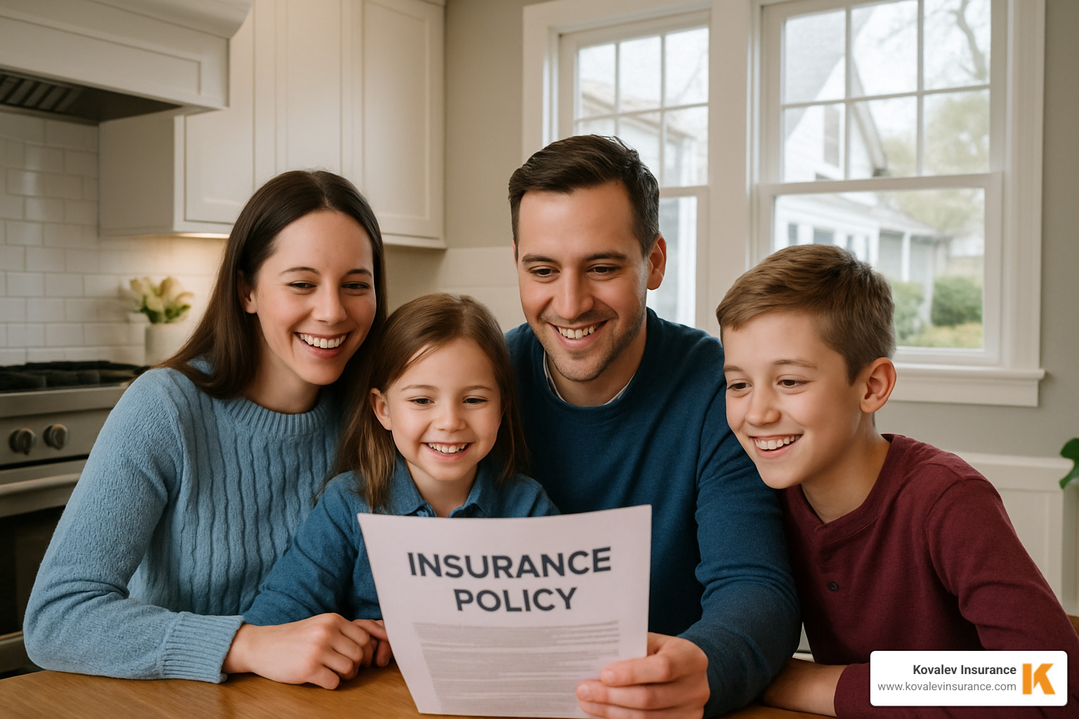 happy family in Needham reviewing insurance policies with satisfaction - condo insurance vs homeowners insurance cost