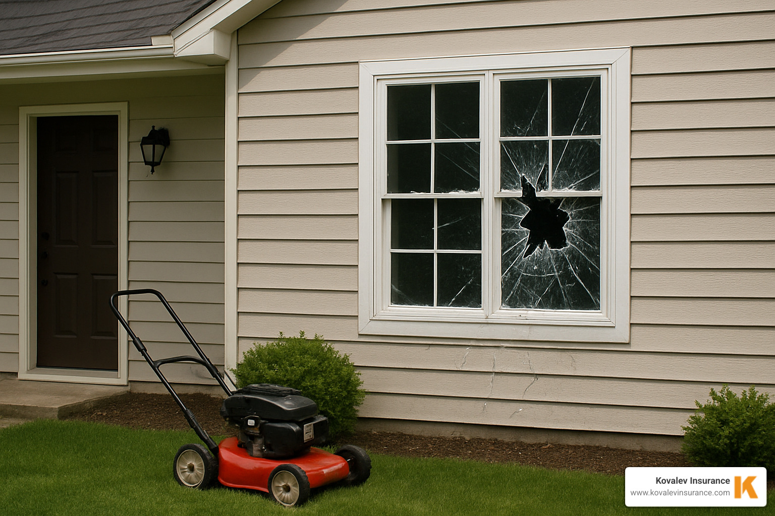 broken window with lawn mower outside - general liability insurance for lawn care business